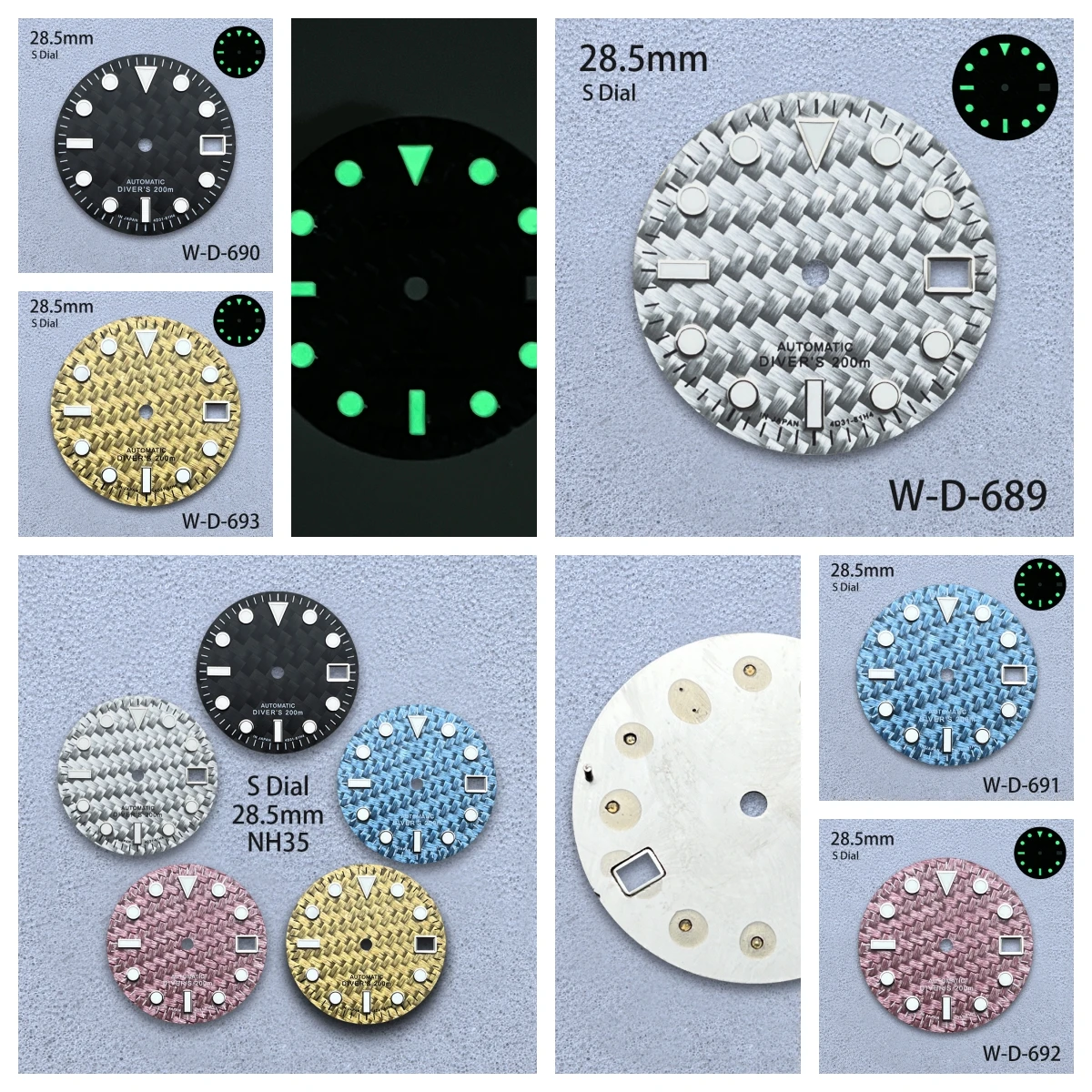 

28.5mm S Logo Carbon Fiber Dial Fit NH35/NH36/4R/7S Movement Green Luminous Weave High-Quality Watch Modification Accessories