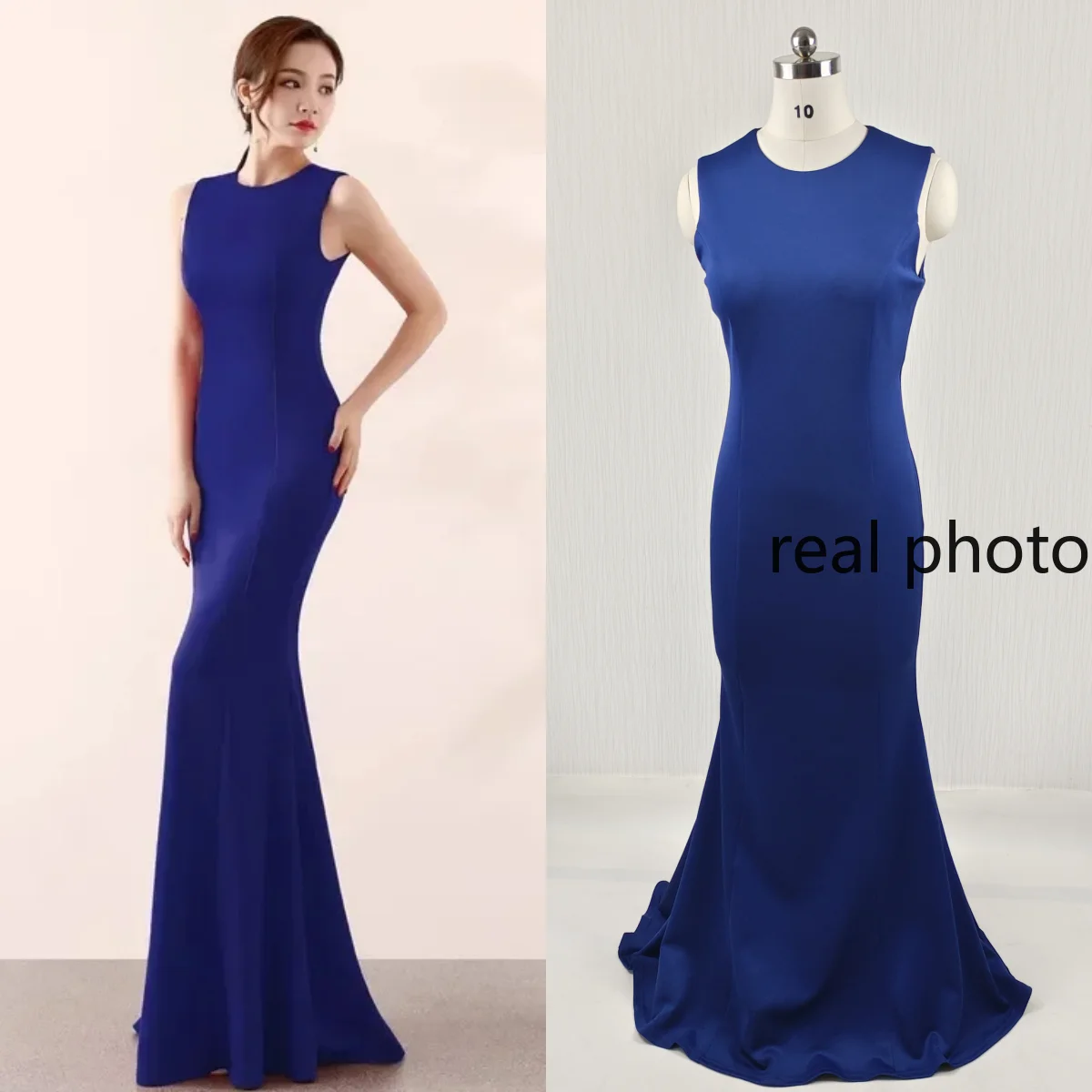 Real Photo Evening Dresses Navy Blue O-neck Sleeveless Mermaid Trumpet Floor Length Women Party Formal Gown Robe De Soiree DX401