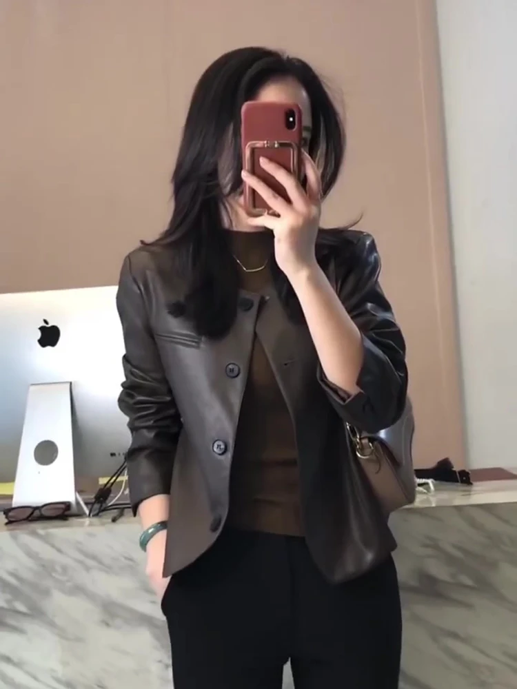 

2025 New Style Cool And Elegant Short Brown Leather Jacket Women's Coat American Style Versatile Autumn Winter Fashion Outerwear