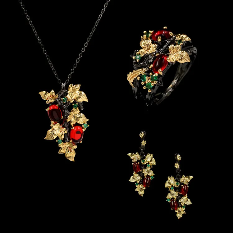 Fashion Popular Colorful Floral Black Gold Red Green Blue Ring Eardrop Necklace Set Female Accessories Wedding Bride Jewelry Set