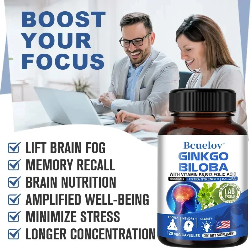 Ginkgo Biloba Capsules Memory Support Supplement, Brain Function & Mental Alertness, Focus, Concentration, with Vitamin B6 B12