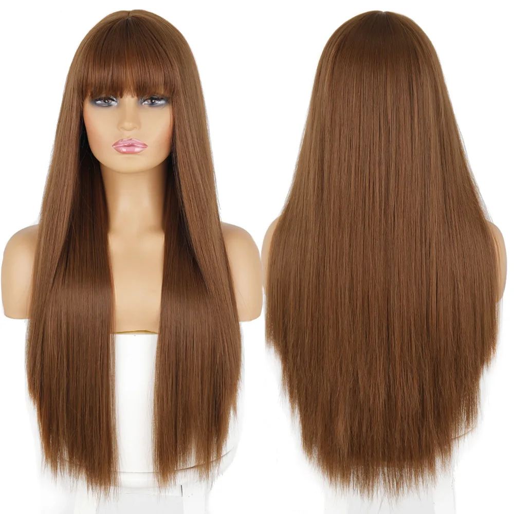 

European and American wig headgear, Qi bangs long straight hair, chemical fiber high temperature silk wig