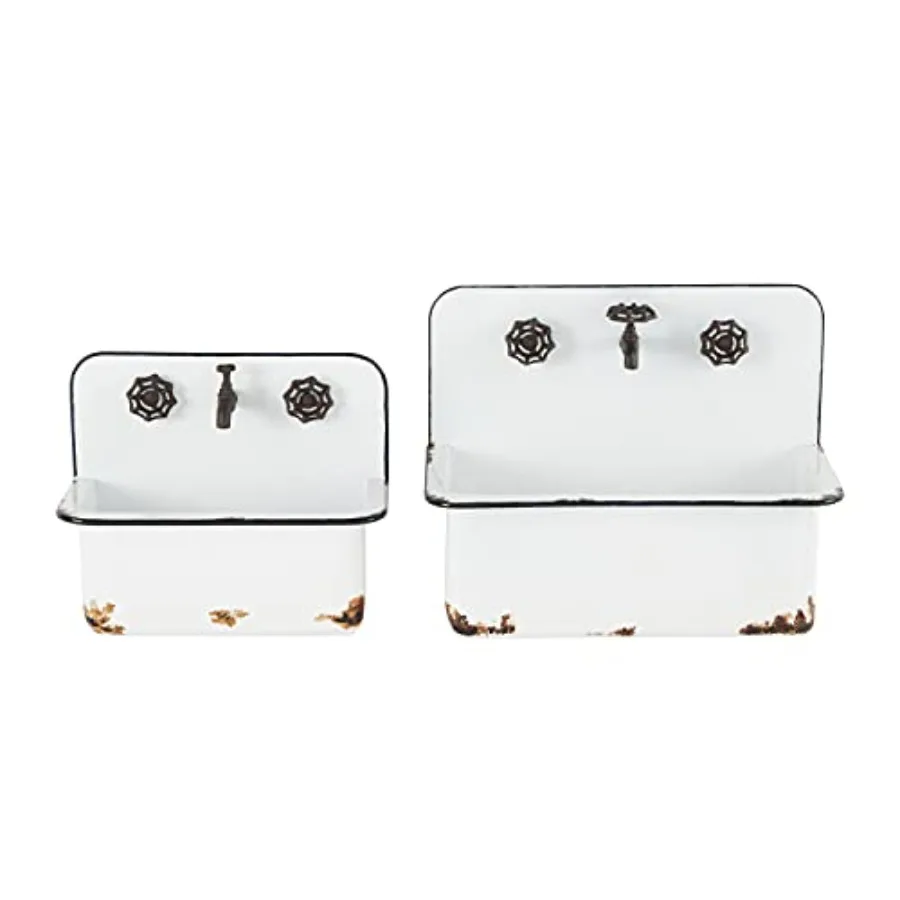 Indoor Outdoor Wall Planter Set Of 2, Metal With Bronze Hardware And Distressed Accents, White, 17 H X 13 W