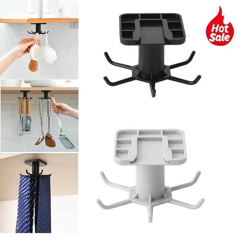 1PCS Rotating Multi-Purpose Hooks Folding Wall-Mounted Holder Rack Kitchen Hook Self-Adhesive Hook Utensil Rack with 6 Hooks