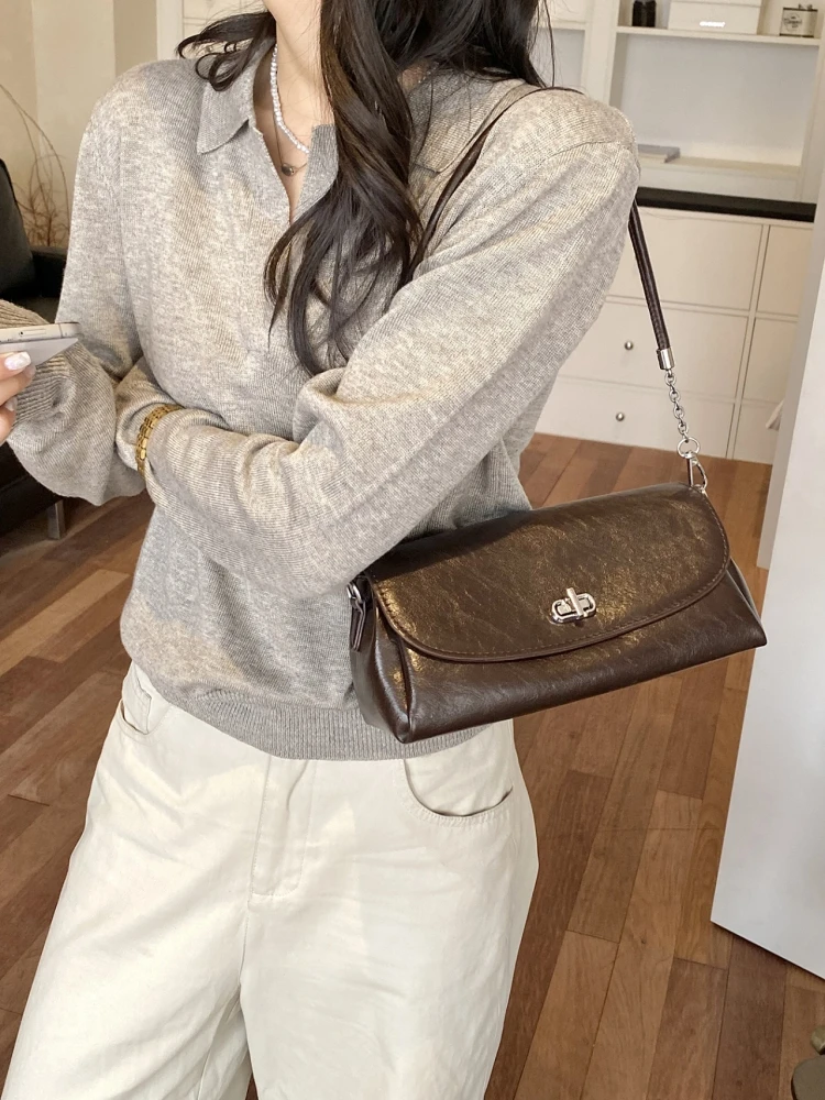 MOODS Retro Umhängetaschen mit Klappe für Damen, PU-Leder, einfarbig, mit zwei Trageriemen, Schultertasche mit Drehverschluss, lässige Handtaschen