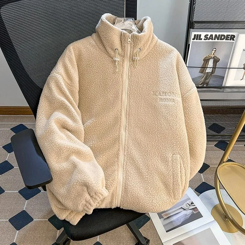 

Мужская модная зимняя куртка с воротником из овечьей шерсти, утепленная, свободного кроя, на флисовой подкладке, повседневная теплая хлопковая куртка с воротником-стойкой и длинными рукавами