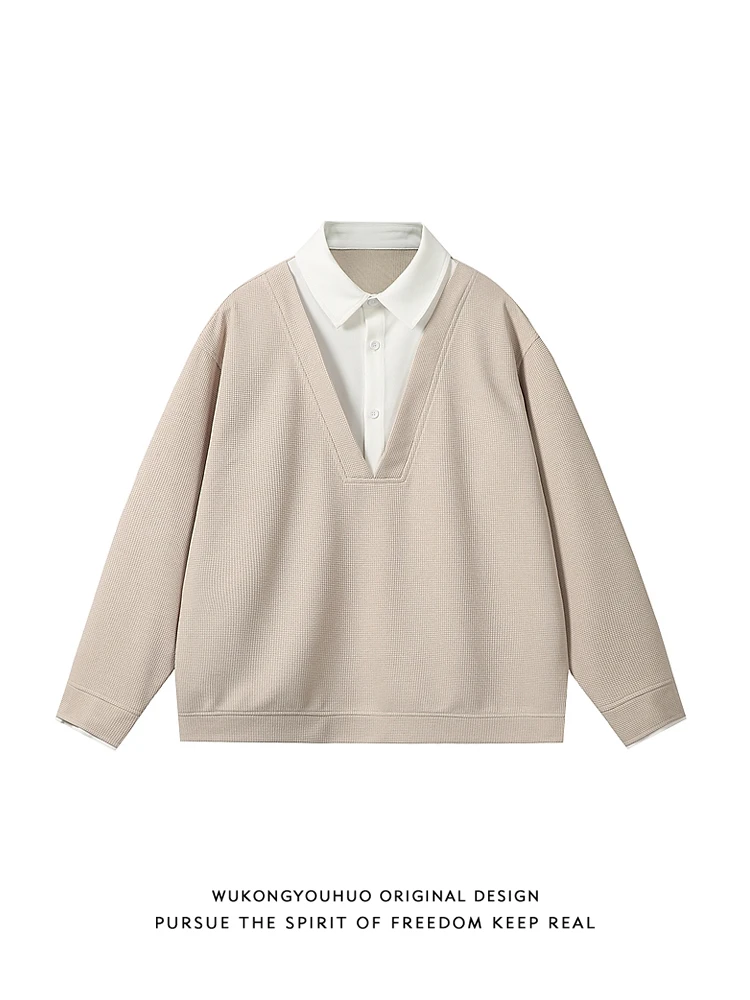 

Fake Two-piece Long-sleeved POLO Shirt Men's and Women's Loose Trendy Brand Casual Versatile Pullover Sweater