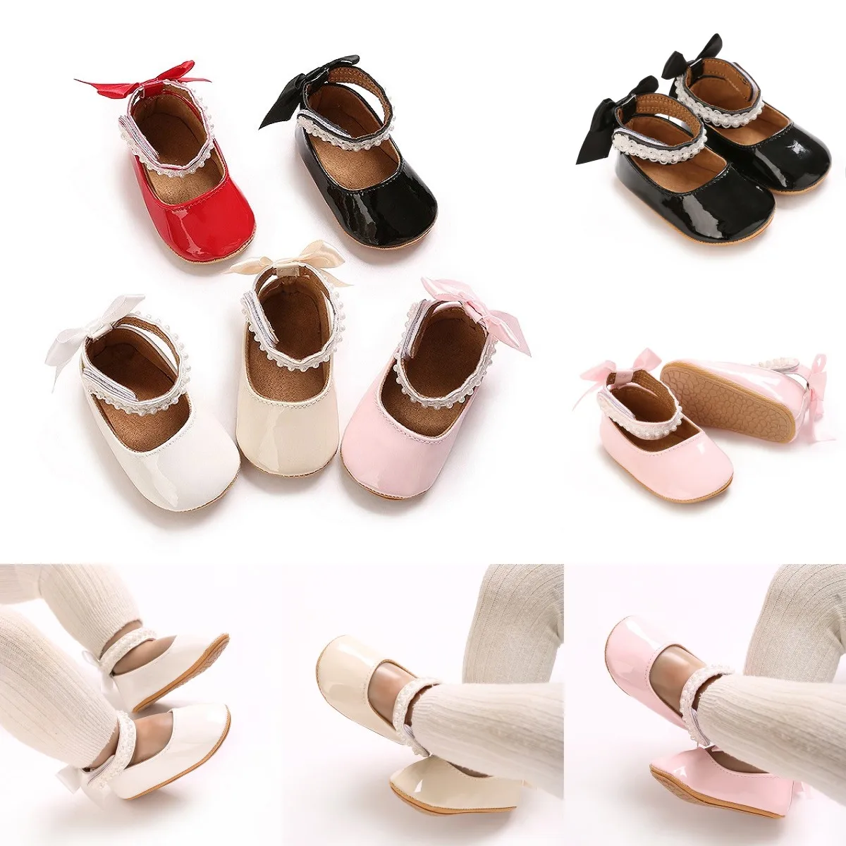 

5 Colors Classic PU leather girl bow princess flat shoes with anti slip rubber sole walking newborn baby crib dress shoes 0-18M