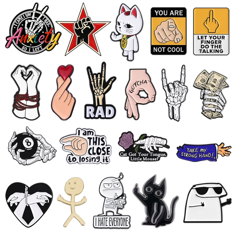 Lustige Finger-Gesten Emaille-Anstecknadel Skeletthand RAD-Hand Herz-Geste Mittelfinger Zeichensprache Brosche Reversnadel Schmuck Geschenk