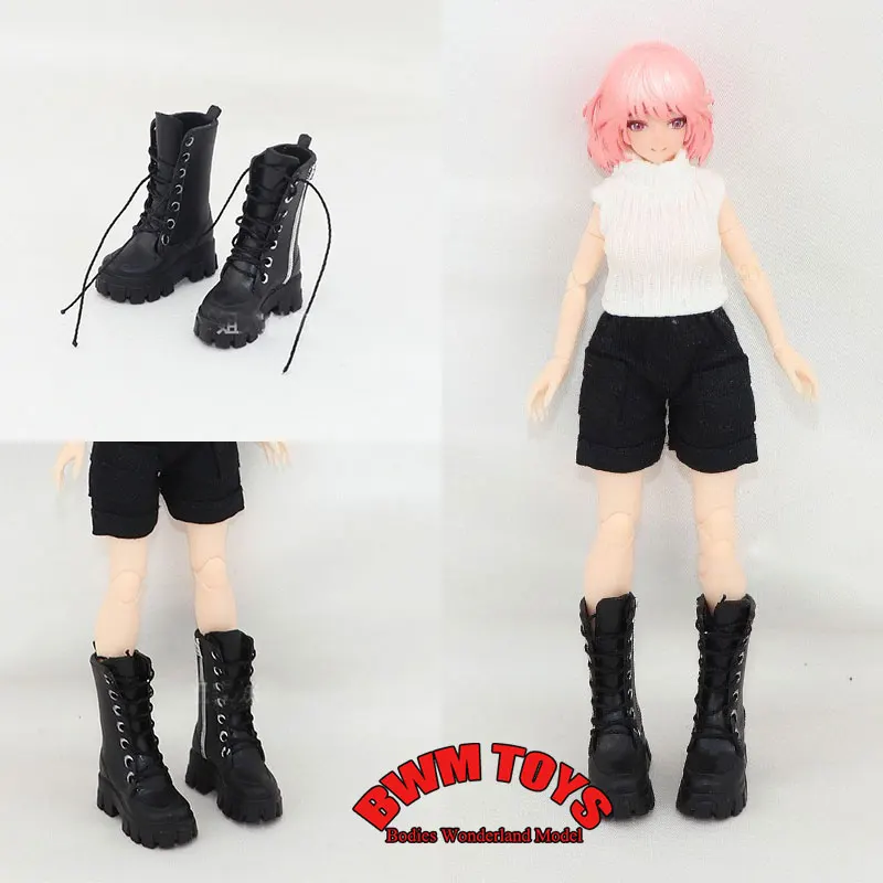 1/12 Scale Mobile Suit Girl Black Thick Soled Faux Leather Lace Up Combat Boots Shoes For 6inch romankey Action Figure Doll