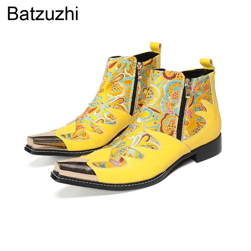 

Batzuzhi Luxury Handmade Men's Boots with Golden Iron Toe Gold Leather Ankle Boots Man Party, Wedding Boots for Man! US6-12
