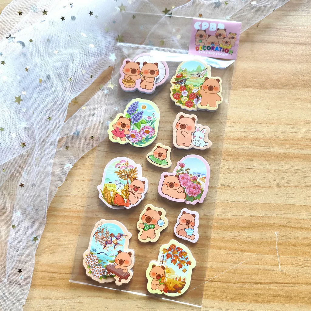 4ピースのかわいい漫画風カピバラフォーム多層3Dステッカー - 子供、ノート、ペンケース用のかわいい手作りデコレーションステッカー