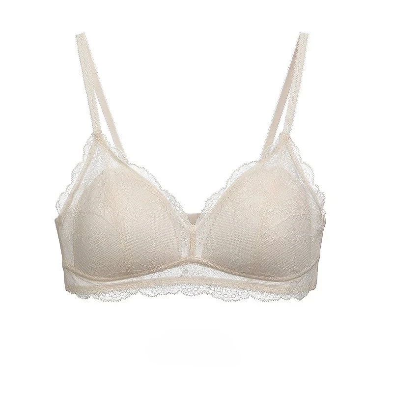 Sexy Yet Innocent French Lace Bralette Push-Up Wire-Free Triangle Bra Delicate Cream Bra with Floral Lace Petite Bust Elegance