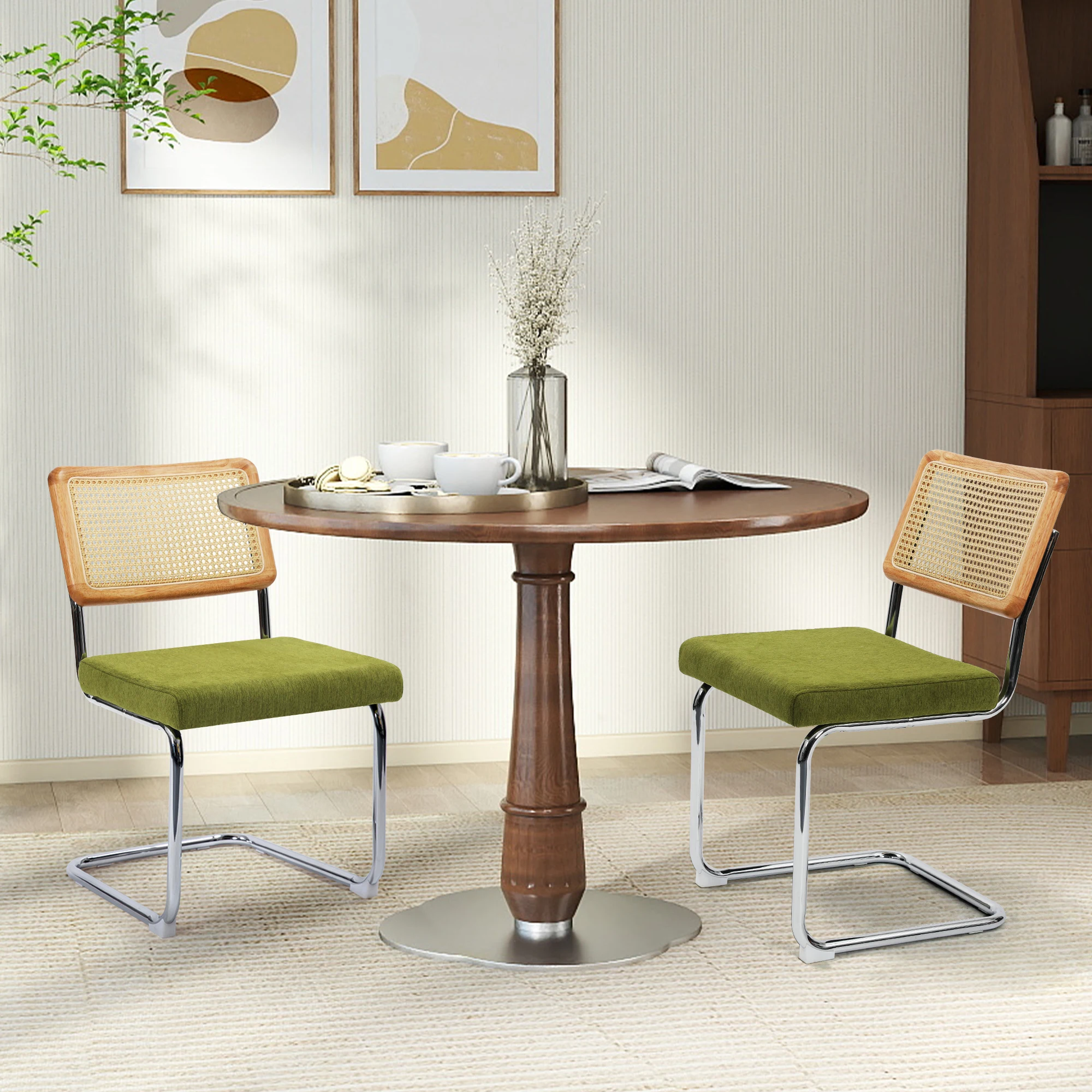 Set of 2/4 Cesca Style Cantilever Dining Chairs Mid Century Modern Rattan Back Boucle Fabric Seat Boho Kitchen Chairs