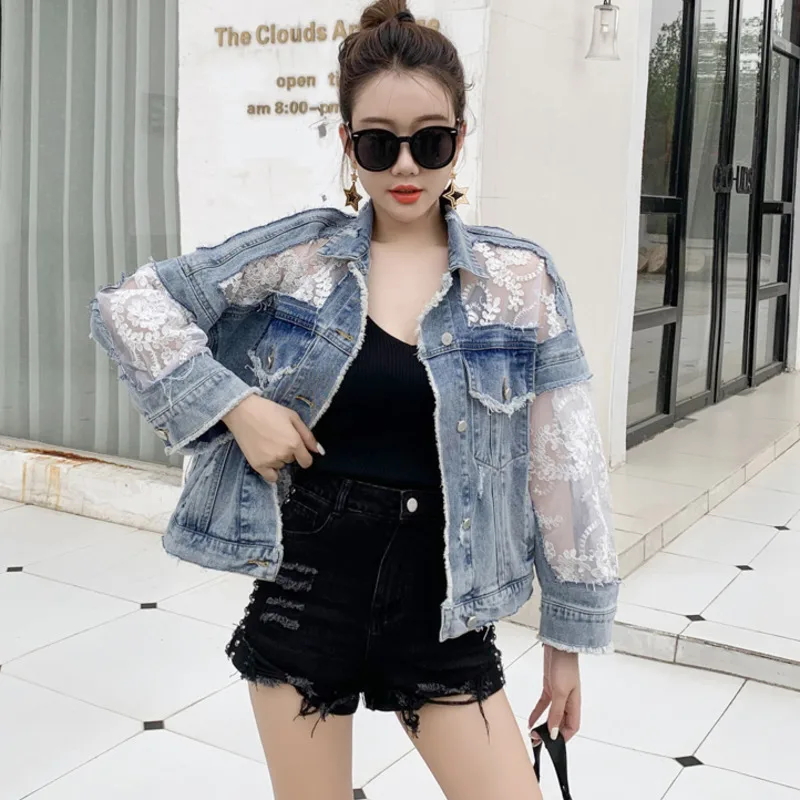 #3102 Spring Spliced Lace Short Jeans Jackets Women\'s Coat Loose Perspective Denim Jacket Women Long Sleeves Sexy Hollow Out