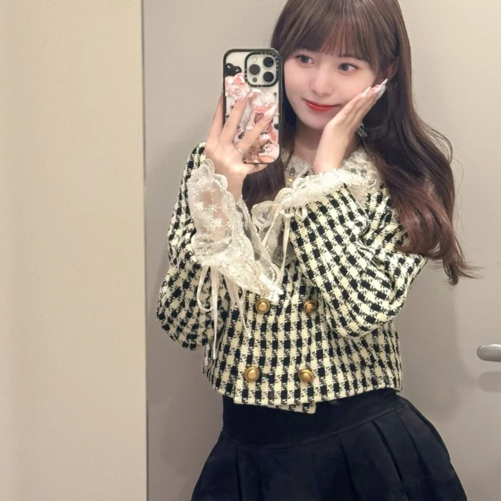 

Мягкая клетчатая куртка с воротником Питера Пэна, темпераментное элегантное повседневное офисное женское пальто, японские бархатные короткие топы с небольшим ароматом