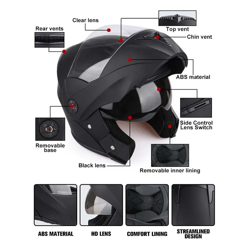 Uchoose Unisex Protective Helmet DOT Certification Double Lens Cross Section Helmet Safety Modular Flip Helm Helmet With Visor