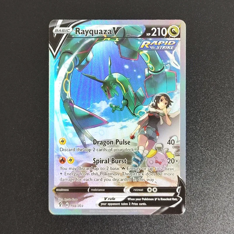

Коллекционная карточка PTCG Proxy 2021 P.M EN Rayquaza V 194, редкая, одиночная, классическая игровая аниме-карточка, подарок, игрушка