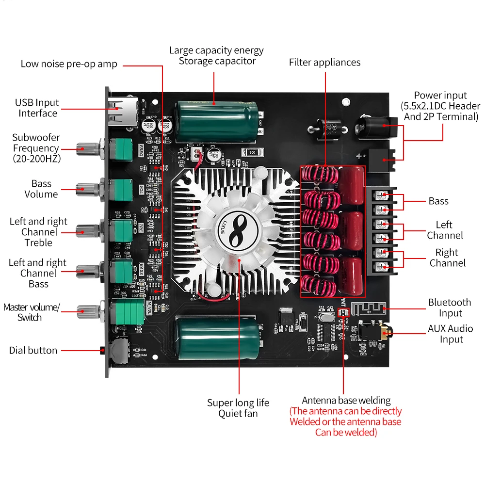 EGOLDEN ZK-HT21 Bluetooth Digital Power Amplifier Module 2.1 Channel TDA7498E, High Pitch, Low Pitch, Neutral, No Logo