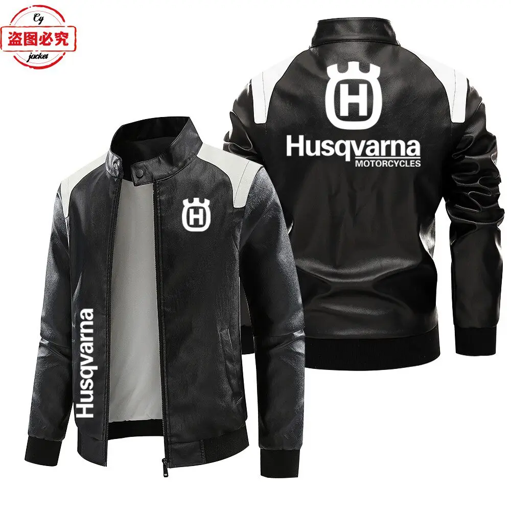 Husqvarna Motorcycle Logo Printed Riding Suit Contrasting Leather Jacket PU Leather Jacket Men's Husqvarna Jacket Racing Suit