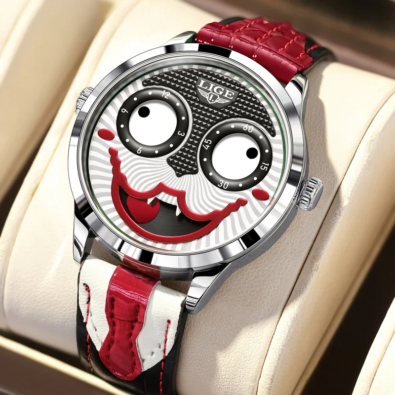 LIGE Creative Personality Joker Men Watch Funny Tie Leather Strap Quartz Man Wristwatch Moon Phase Watch Men Clown Face Clock