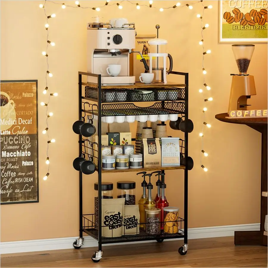 

Coffee Bar Station with Storage Drawer 5 Tier Coffee Table Countertop Organizer for K Cups, Tea Bags, Sugar Storage and Kitchen