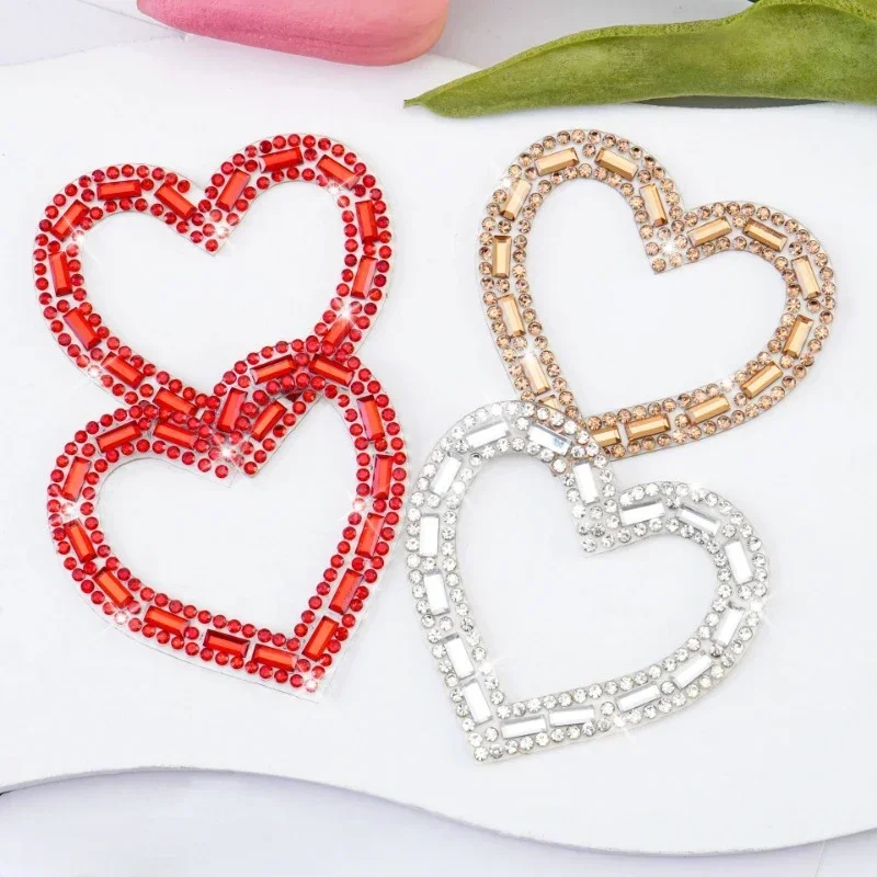 Fashion Rhinestone Patches Hollowing Out Heart Iron on Cloth Sticker DIY Dress Shoes Hats Accessories Party Banquet Women Gifts