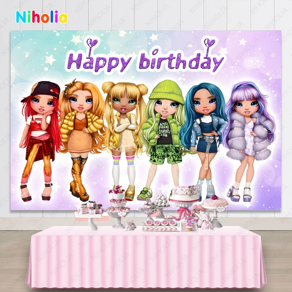 NIHOLIA Rainbow High Photo Backdrop For Girls Birthday Celebration Photography Background Vinyl Polyester Banner Props