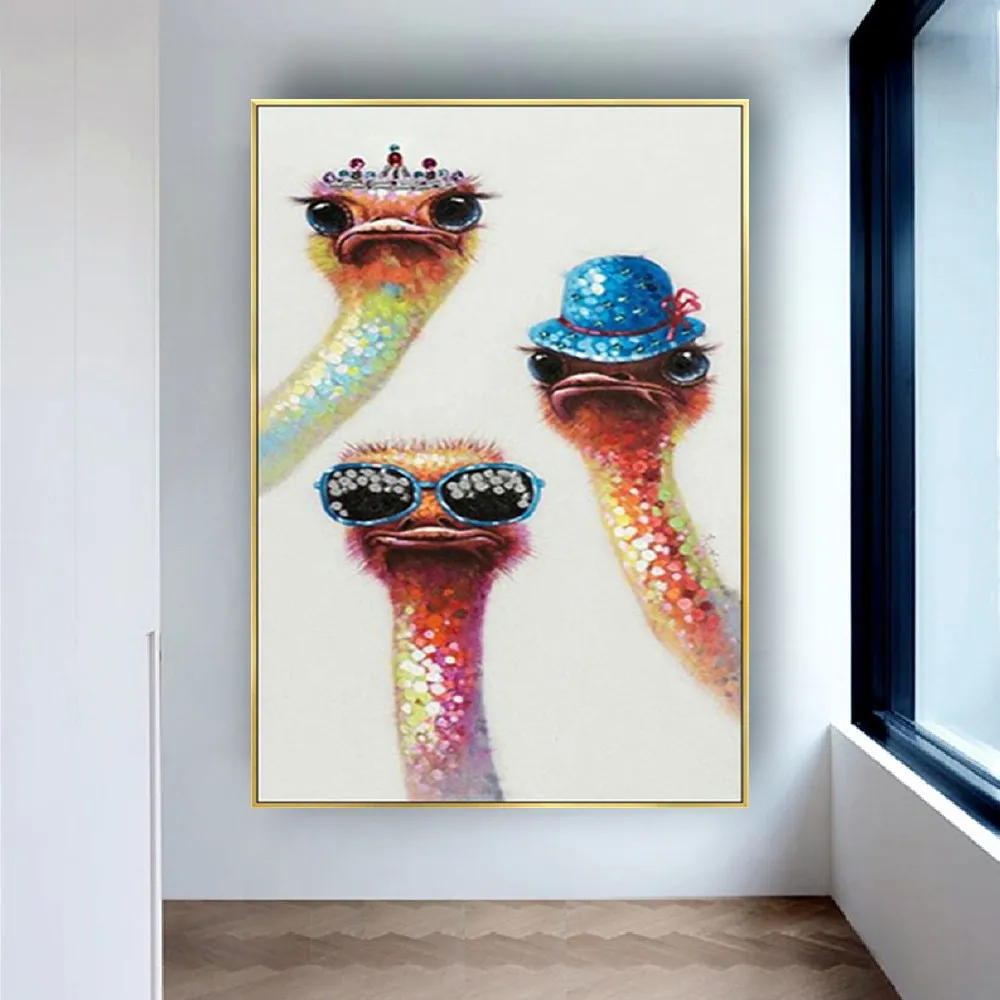 Nordic Style Modern Handmade Canvas Oil Painting Abstract Wall Art Hand-Painted Animal Ostrich Pictures Children's Room Decor