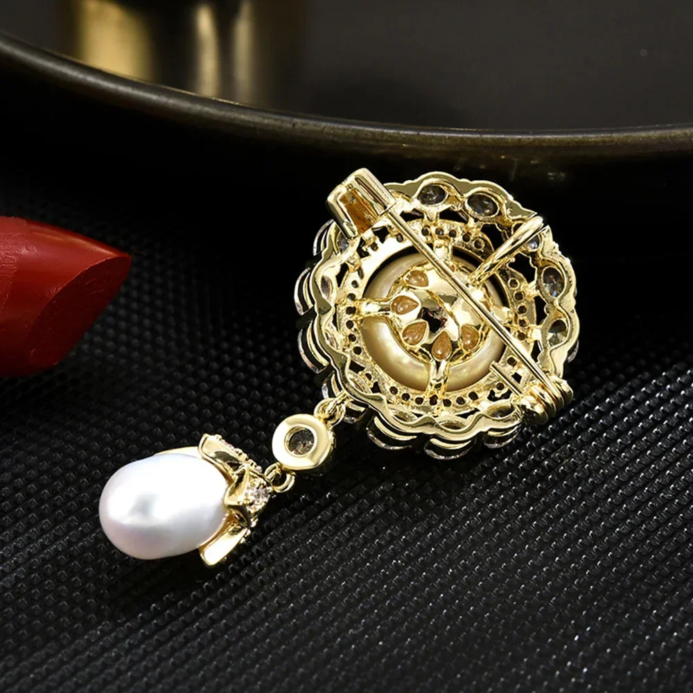 Women's Pearl Pendant Brooch New Copper Micro Inlaid Zircon Brooches Buckle Accessories Clothing Dress Anti-slip Safety Pins