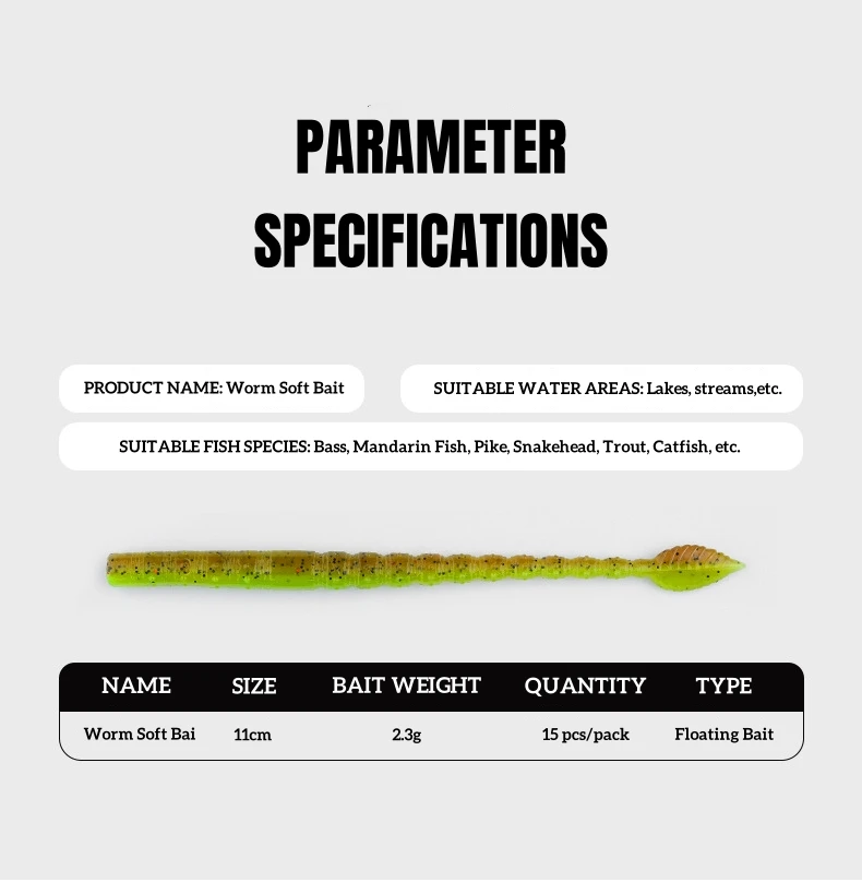 15 teile/paket Schwimmende Angeln Weiche Köder 110mm Pailletten Wurm Silikon Swimbaits Lockt Pesca Bass Karpfen Angeln Tackle Köder – Detail 1