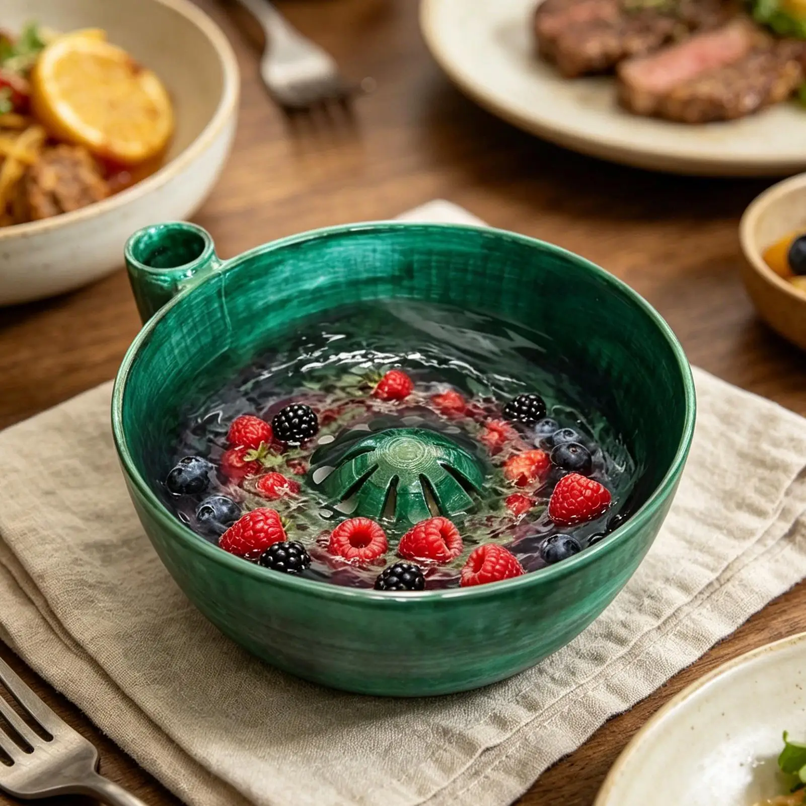 green Self Rotating Berry Washer Spinner Washing Bowl with Drain for Kitchen Salad Lettuce Strawberry Veggie Produce Colander