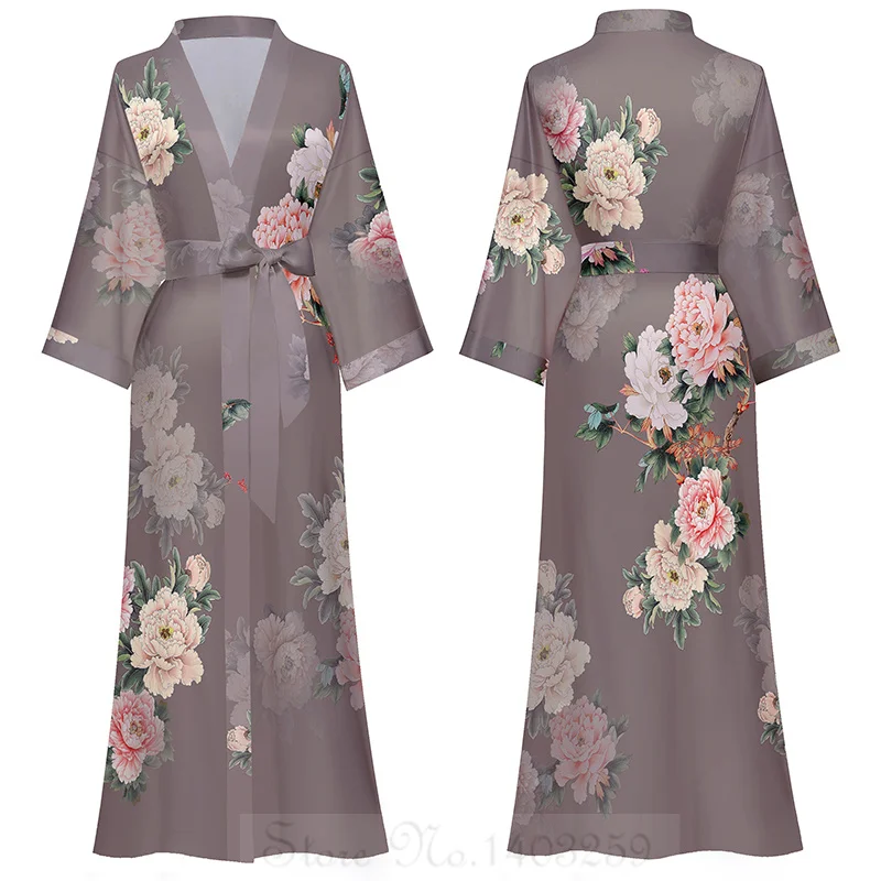 Japanse Stijl Halve Mouw Kimono Badjas Jurk Dames Lange Robe Nachtjapon Losse Satijnen Print Bloem Kamerjas