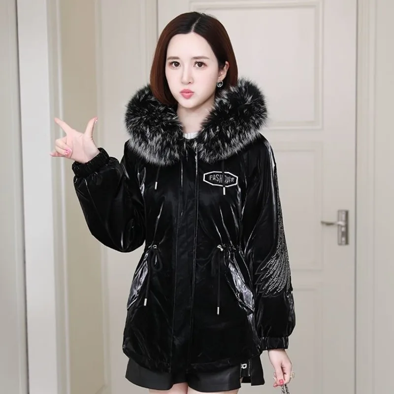 Women's Rex Rabbit Fur Liner Parka, Removable Raccoon Fur Collar, Bright Surface, Casual Warm Coat, Winter Outwear, New, 2024