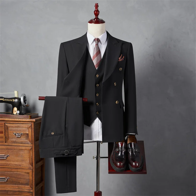 H17 Groom Suit Men's Double Breasted British Style Business Professional Formal Slim Wedding Suit