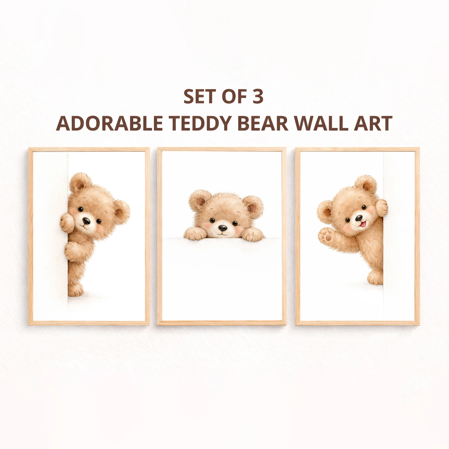 Watercolor Peekaboo Teddy Bear Wall Art, Cute Brown Bear Nursery Decor, Kids Room Animal Painting Poster