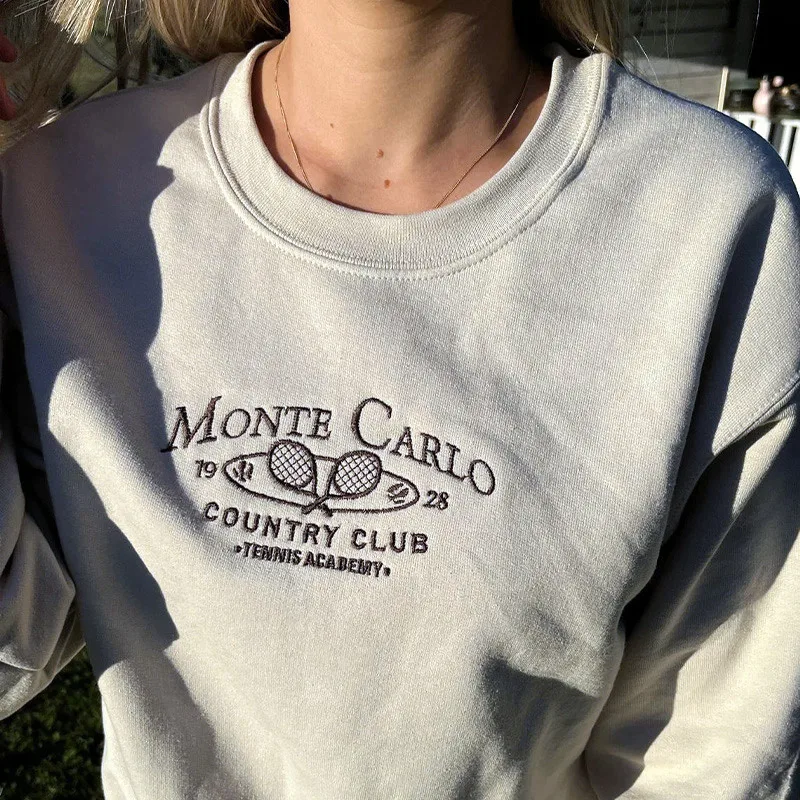 Monte Carlo-sudaderas bordadas Vintage para mujer, jerséis de lana gruesa de algodón suelto caqui, Tops de otoño e invierno