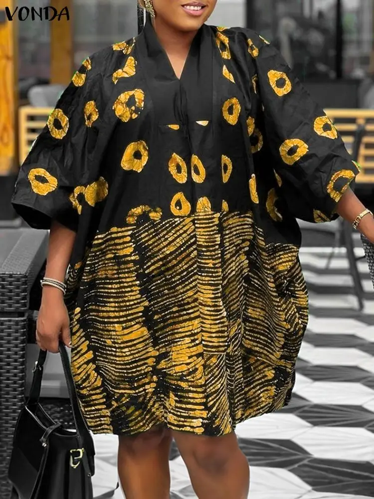 فوندا حجم كبير فساتين صغيرة 5XL المرأة البوهيمي طباعة 3/4 كم الخامس الرقبة عادية فضفاض حفلة Vestidos عطلة الخريف موضة رداء #5