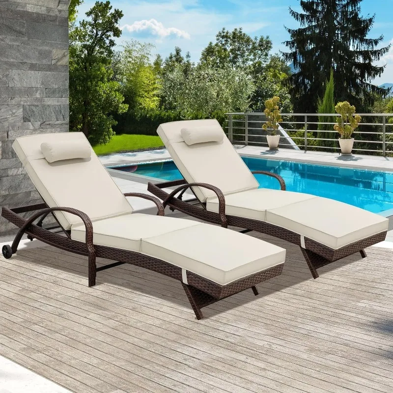 

Outdoor Lounge Chairs Set of 2 Beach Wicker Chaise Lounge with Wheels, Cushion, Adjustable Backrest and Pillow