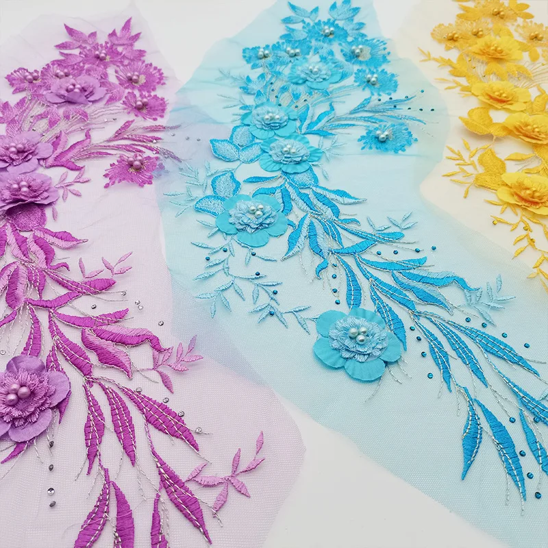 

10Pcs Lace Fabric 3D Flower Pearls Embroidered Wedding Gown Applique Sew Patch For Dress DIY Stage Decoration