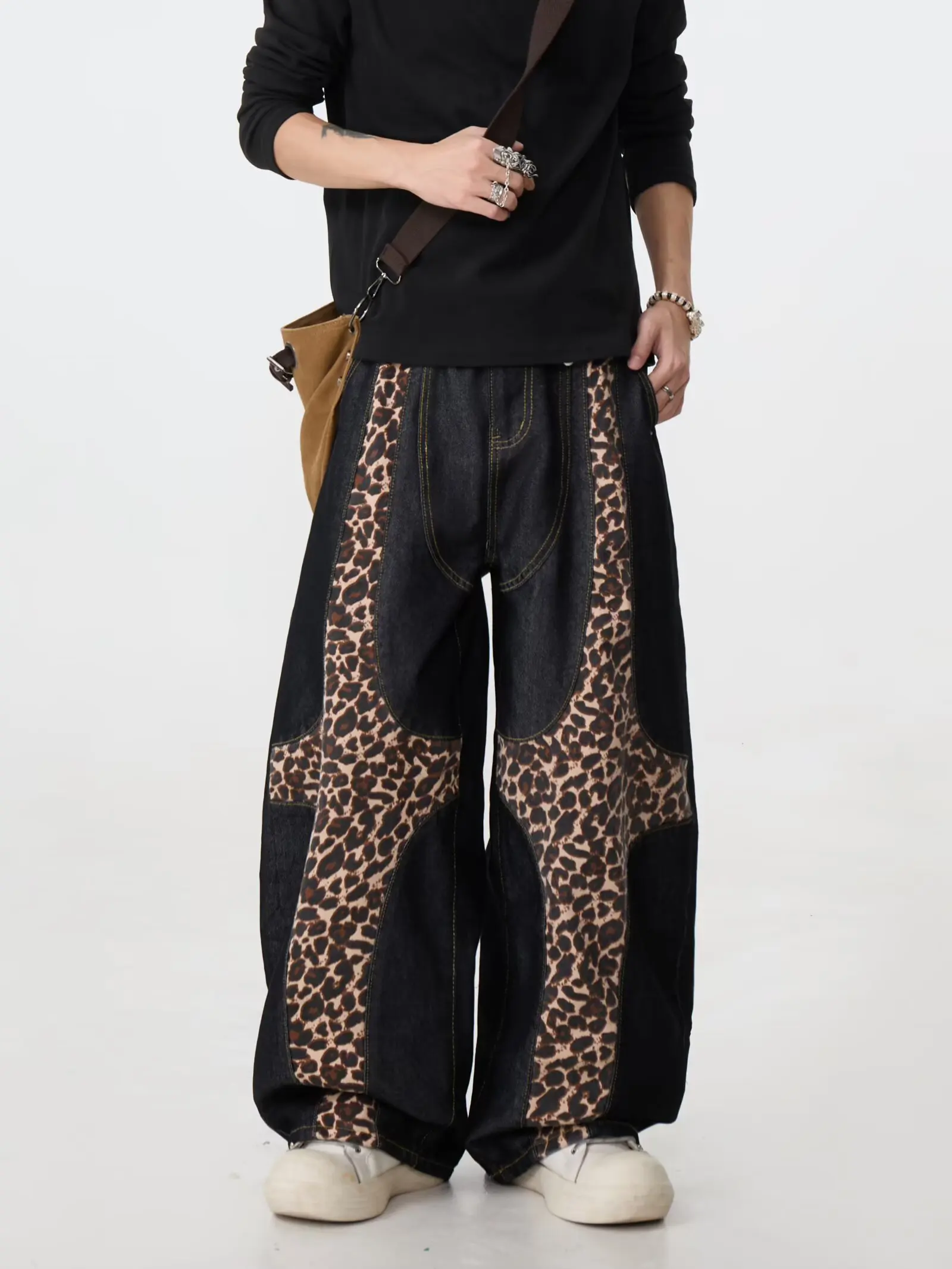 Black Splicing Leopard Y2k Baggy Jeans Harajuku Vintage Wide Leg Denim Trousers 90s Style Oversize Boyfriend Jeans Pants
