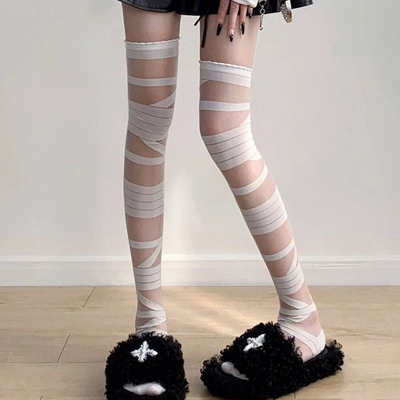 Ultrathin Women Spicy Girl Bandage Stripe Long Stockings Female Japanese Lolita Jk Y2k Sexy Summer Cross Tube White Stockings