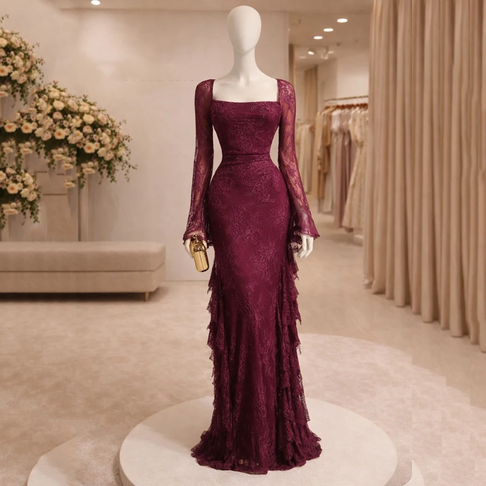 

SoDigne Eleagnt Lace Bodycon Maxi Evening Dress Square Collar Full Sleeves Prom Dress Tiered Ruffles 2026 Party Gowns Customized