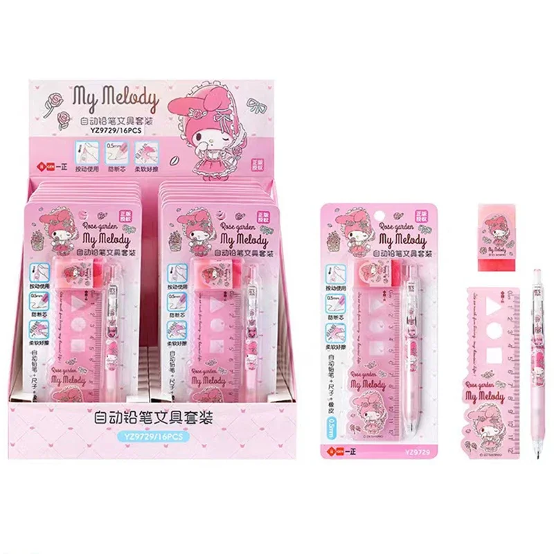 Cute Sanrio Mechanical Pencils Mymelody Kuromi 0.5mm Automatic Pencils with Eraser Ruler Stationery Set School Writing Tool