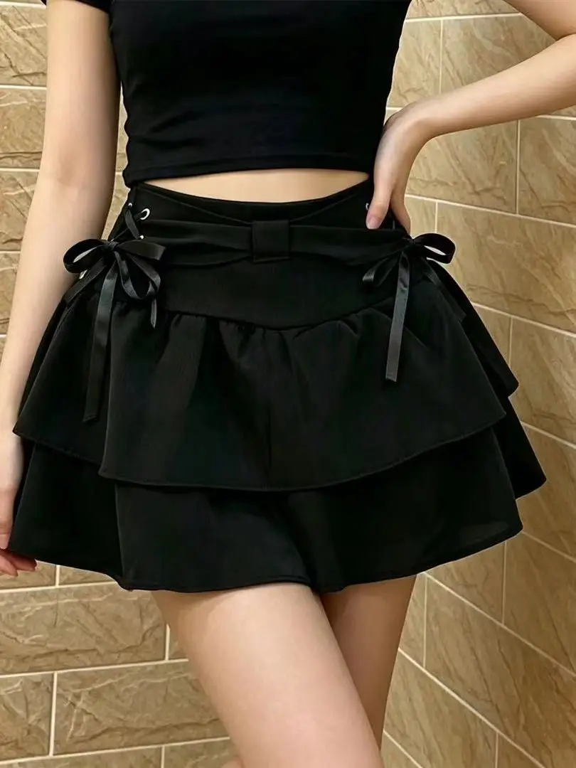 Y2K Spicy Girl Black Bowknot Pleated Cake Skirt Women's  A-Line Half-length Design Sensation Short Skirt with Lace Trim