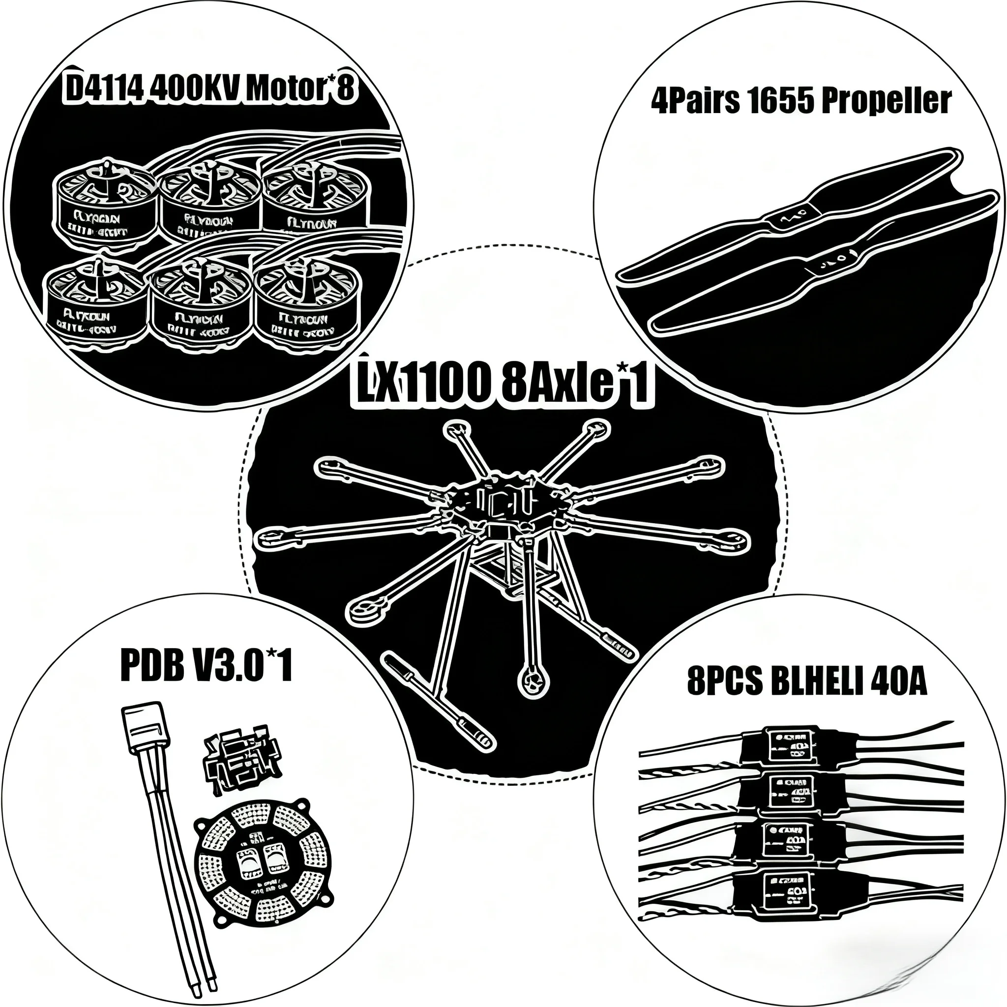 

LX1100 Полностью карбоновое волокно, 1100 мм, восьмироторная рама Blheli 40A Esc D4114 Motor Px4 Pixhawk 2.4.8 M8N Flight Comtrol Set Ardupilot