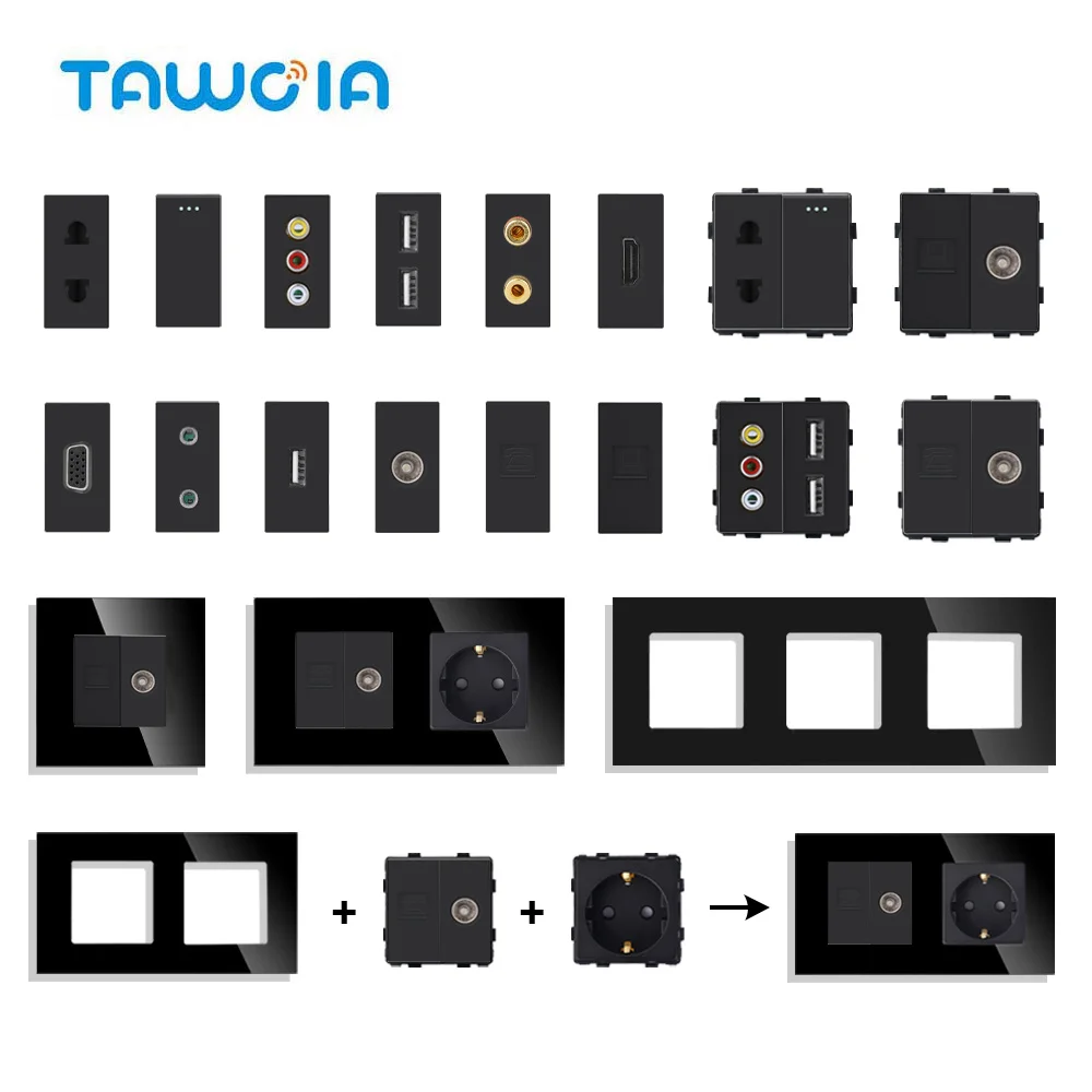 TAWOIA Black DIY Wall Plate Module 1 Gang Switch with TV Satellite USB CAT6 RJ45 HDMI VGA 3.5mm Earphone 2Pin Socket