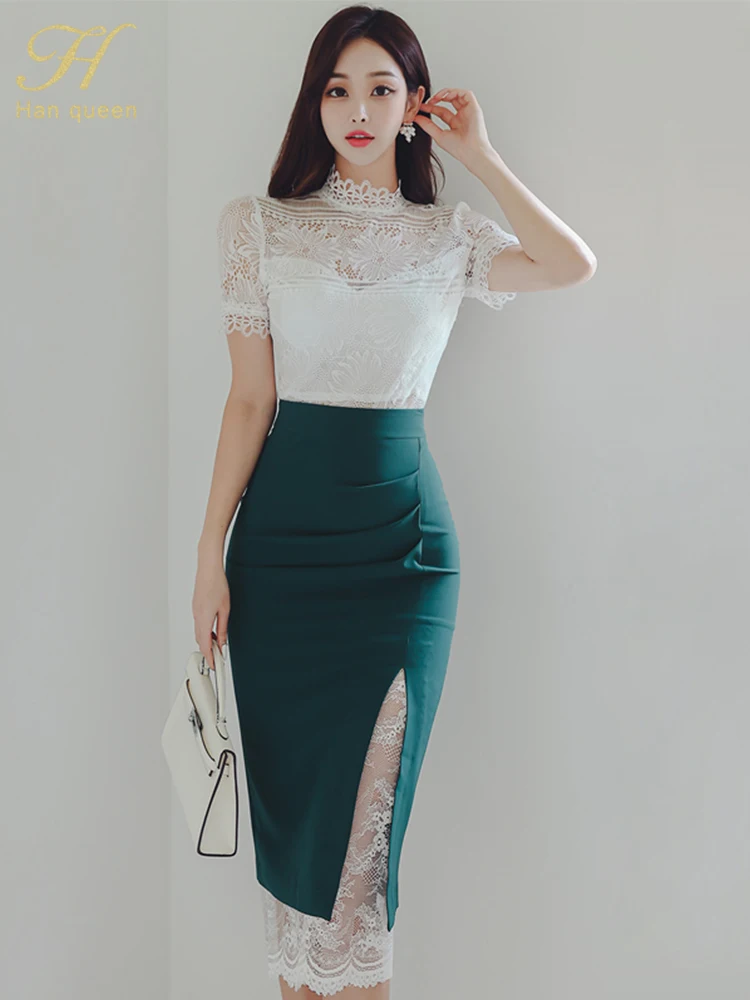 Han Queen 2024 Summer Dress Set Simple White Lace Tops + Midi Skirts Korean Set Woman 2 Pieces Chic And Elegant Female Clothing