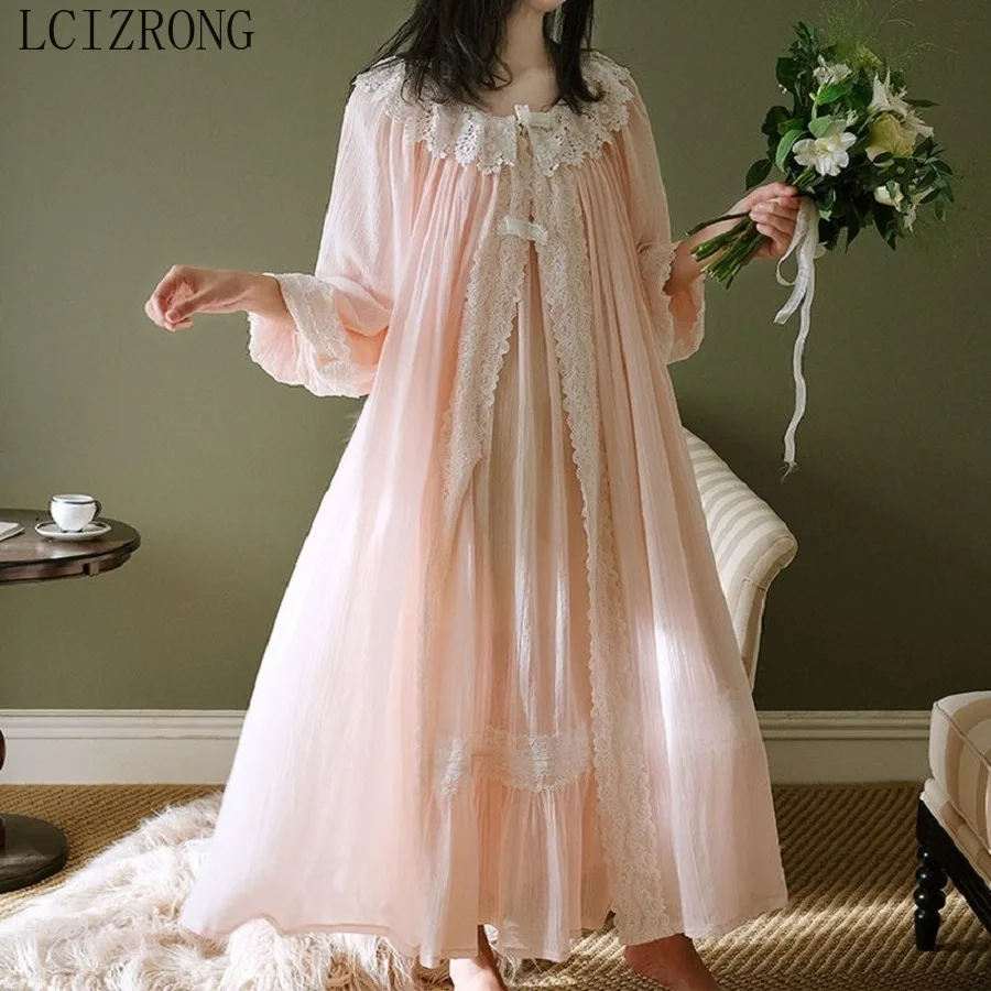 Vintage Cotton Women's Robe Sets Two-piece Lace Retro Princess Long Sleepwear Girl Retro Nightwear Female Home Wear Plus Size