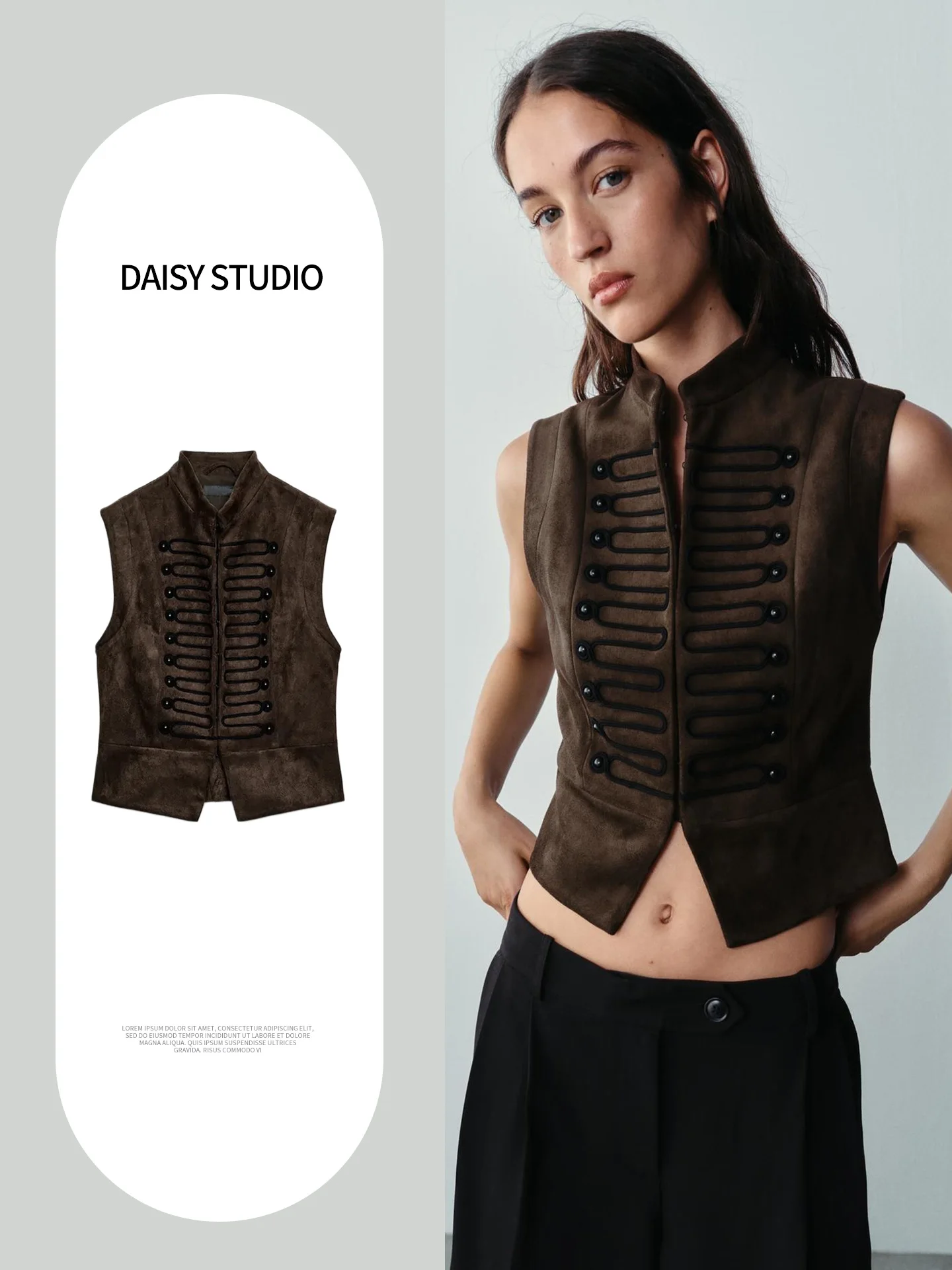 New Autumn Women's Commuter Style Stand Collar Sleeveless Vest with Rope Knot Buckle Color Block Short Polyester Fashion